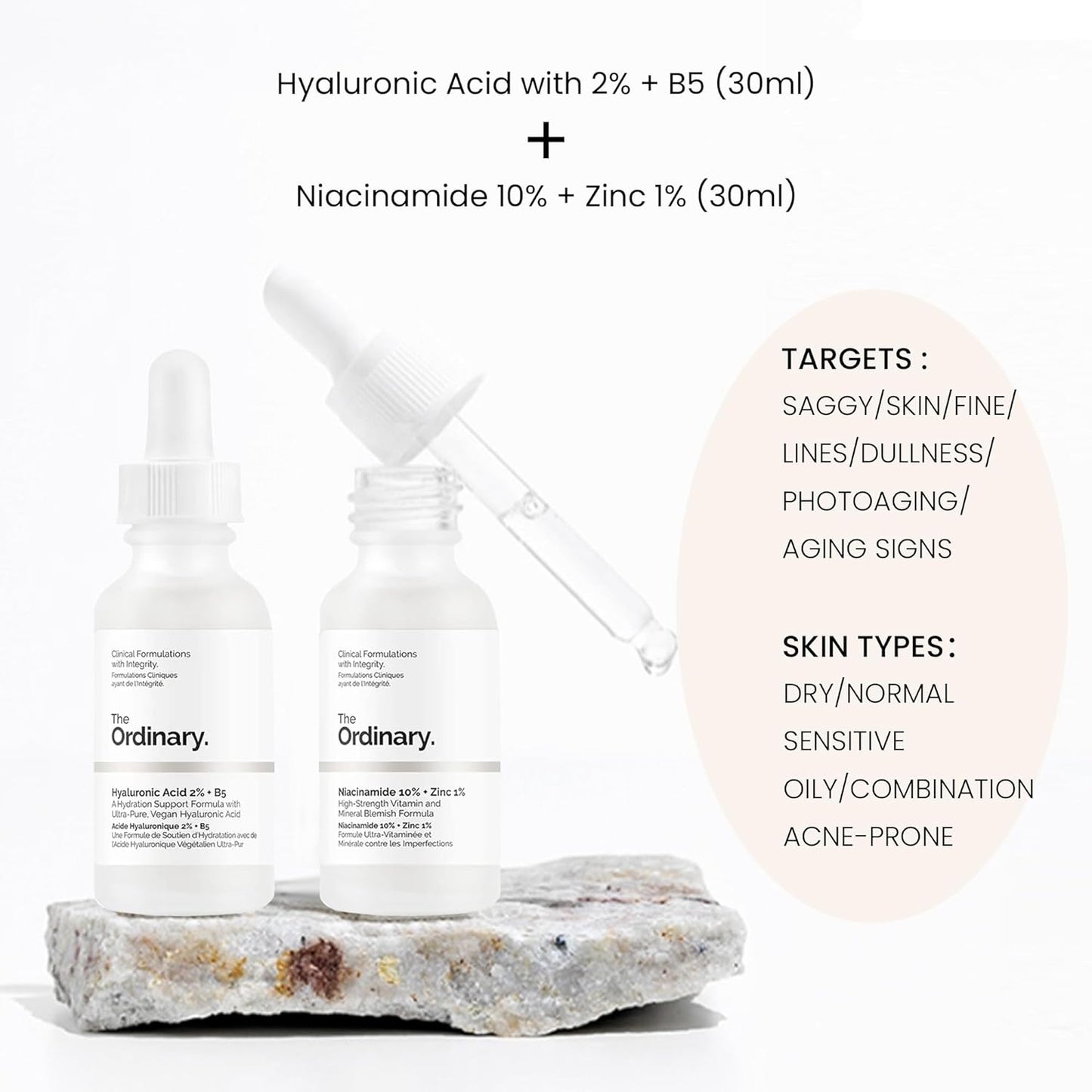 Original Ordinary Facial Treatment: Hyaluronic Acid with 2% + B5 (30ml) and Niacinamide 10% + Zinc 1% (30ml) Bundle Face Care Set